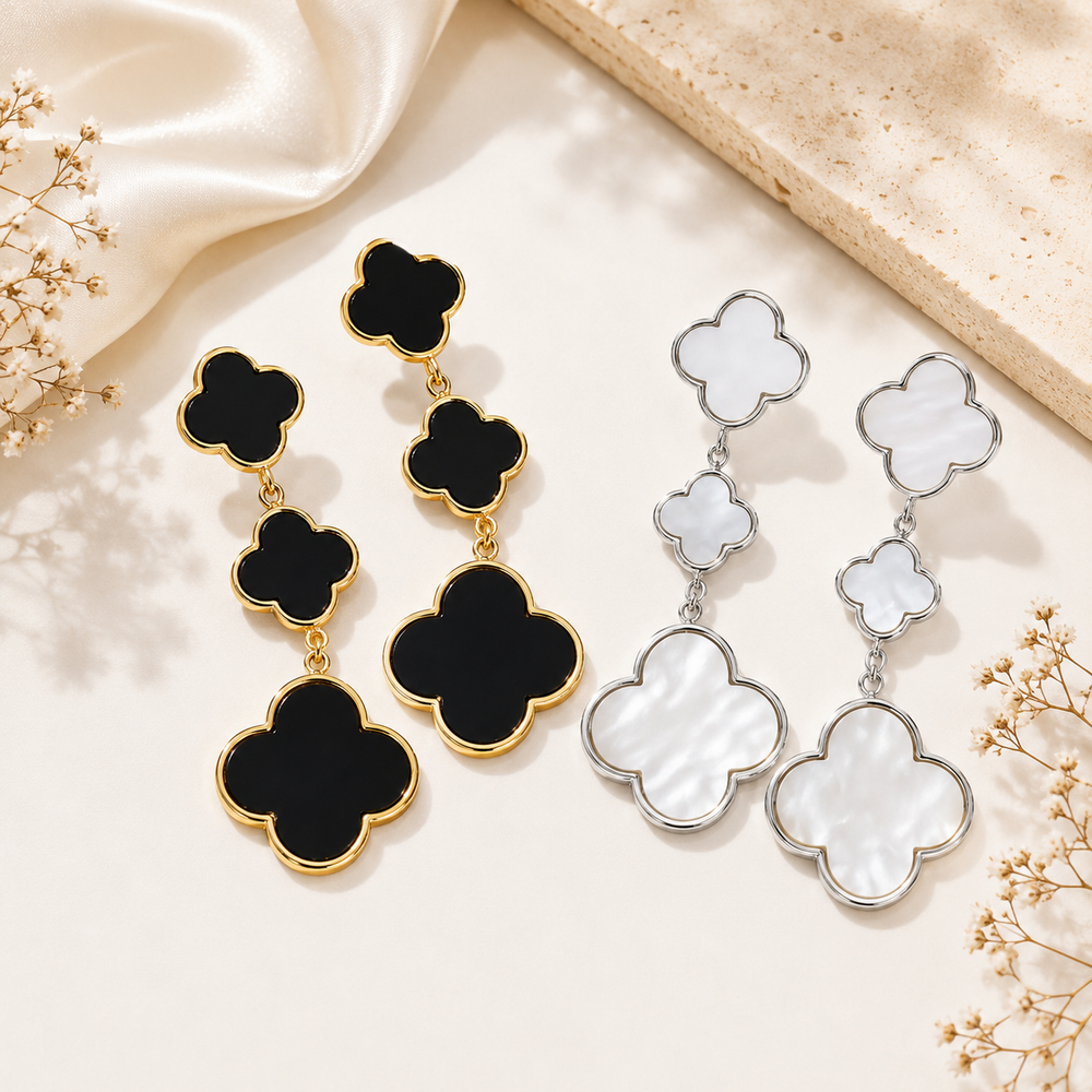 Gold Dipped Triple Quatrefoil Link Drop Earrings